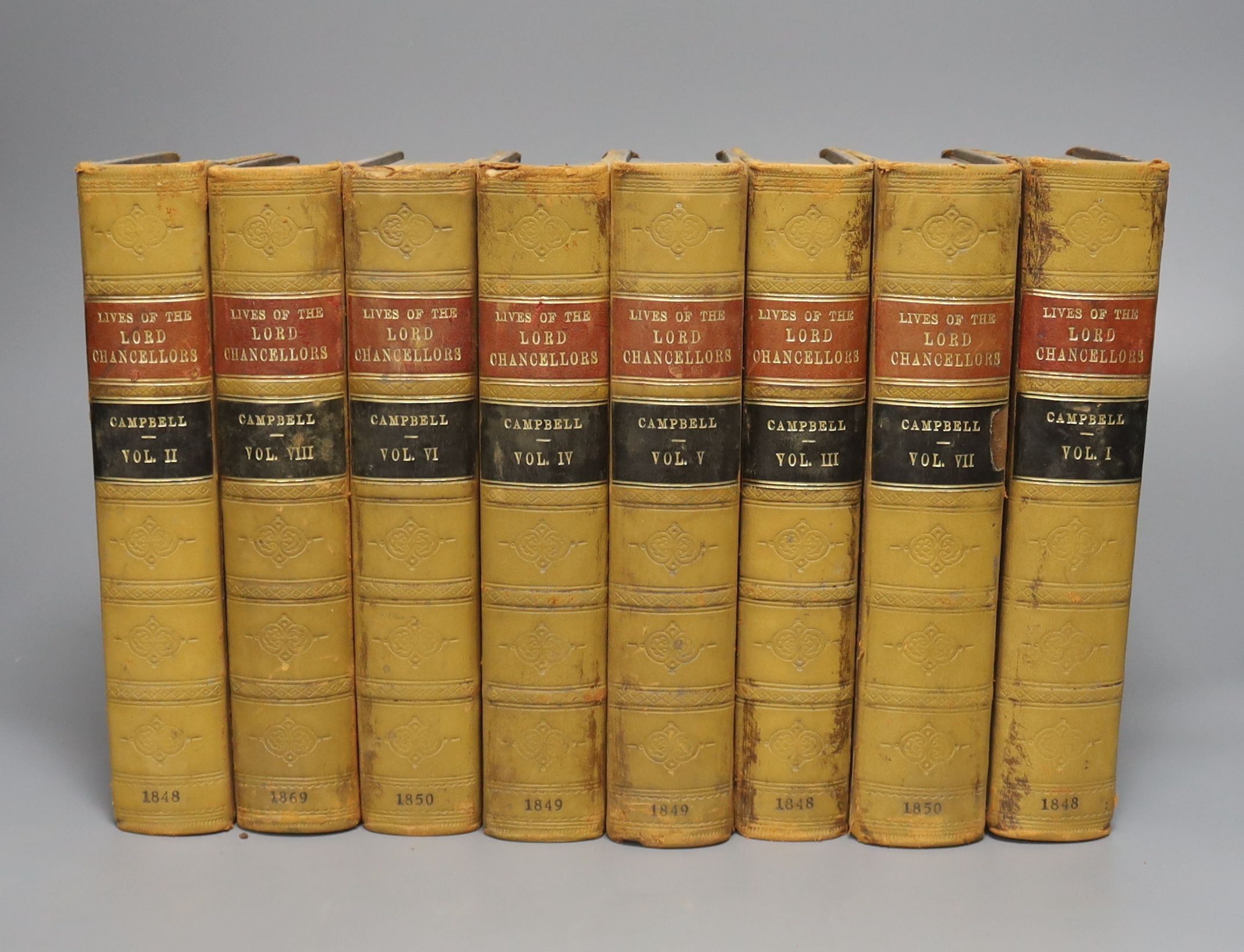 Campbell, John . Baron Campbell - The Lives of the Lord Chancellors and Keepers of the Great Seal of England, 3rd edition, 7 vols, ivory, tree calf rebacked, London, 1848, together with vol 8, London, 1869 (8)